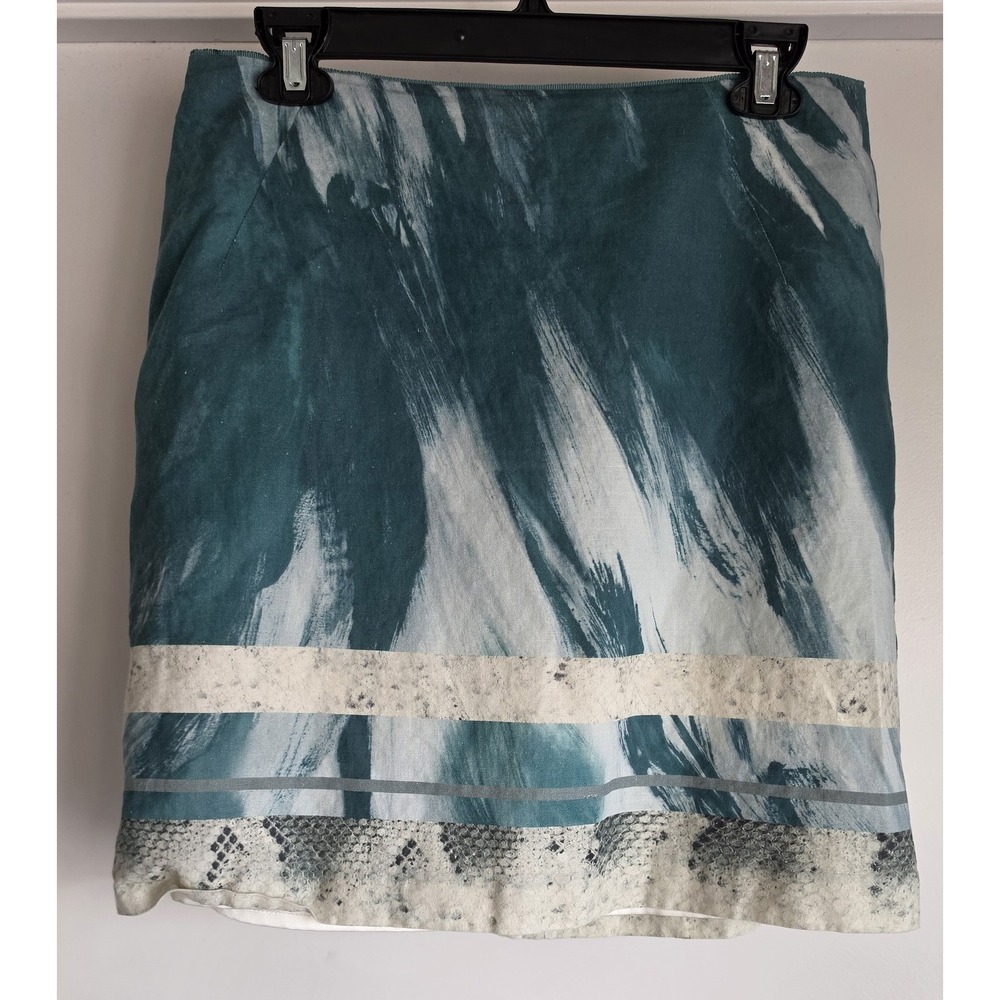 Elie Tahari Mini Skirt Linen Cotton Blue White Grey Abstract Minimalist
